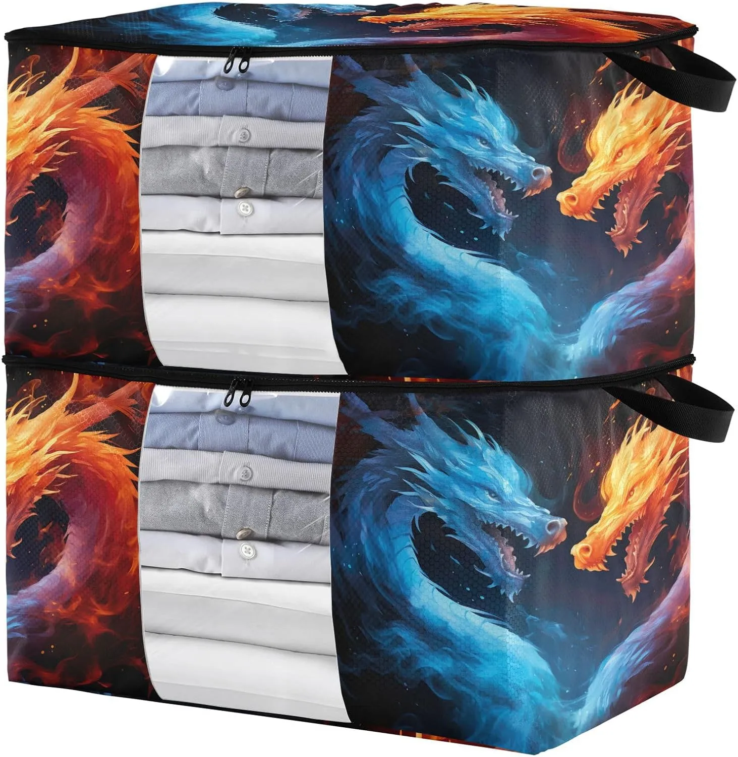 Ice Fire Dragon Clothes Storage Bag Bins 2 Pack Foldable Storage Containers Large Closet Organizer with Zipper Storage Cubes for Pillows Clothing Comforters 60L