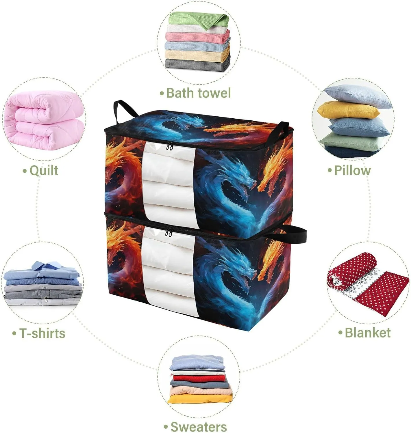 Ice Fire Dragon Clothes Storage Bag Bins 2 Pack Foldable Storage Containers Large Closet Organizer with Zipper Storage Cubes for Pillows Clothing Comforters 60L