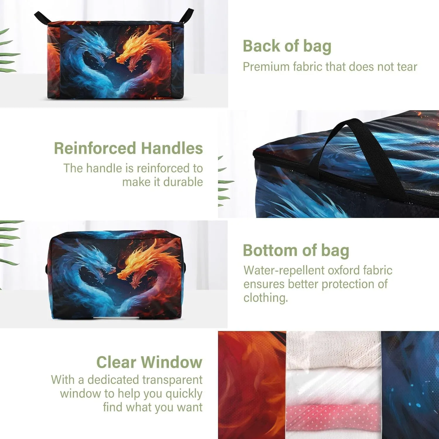 Ice Fire Dragon Clothes Storage Bag Bins 2 Pack Foldable Storage Containers Large Closet Organizer with Zipper Storage Cubes for Pillows Clothing Comforters 60L