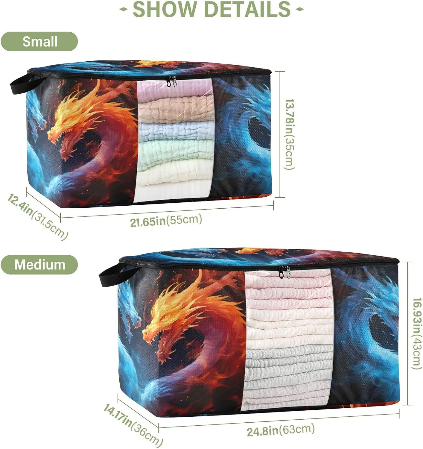 Ice Fire Dragon Clothes Storage Bag Bins 2 Pack Foldable Storage Containers Large Closet Organizer with Zipper Storage Cubes for Pillows Clothing Comforters 60L