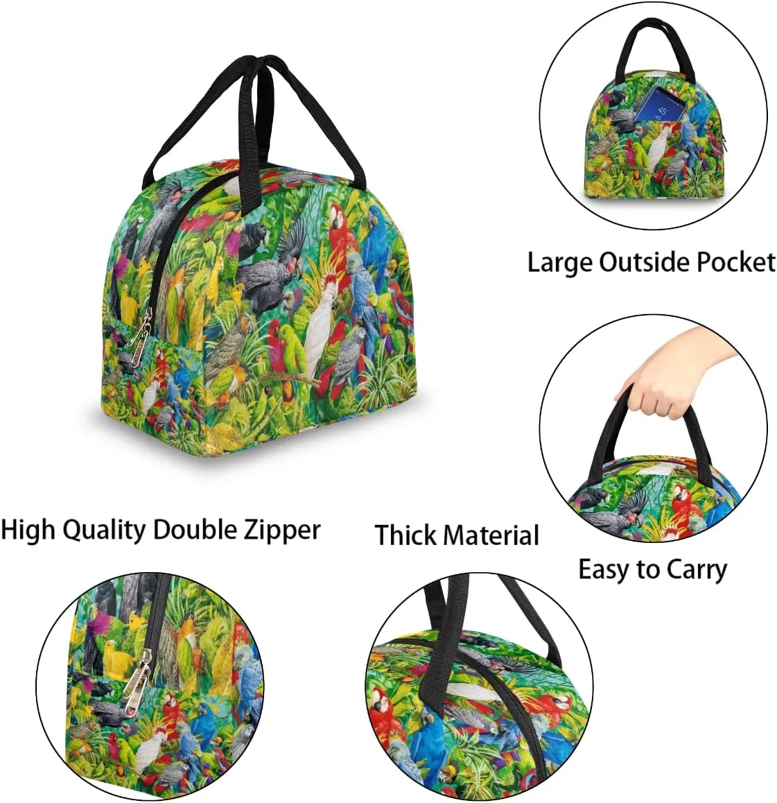 Insulated Lunch Bag for Women Men Colorful Parrot Paint Waterproof Thermal Tote Bag Reusable Lunch Box Container Lunch Holder Leakproof Lunch Cooler Bag Picnic Travel Work