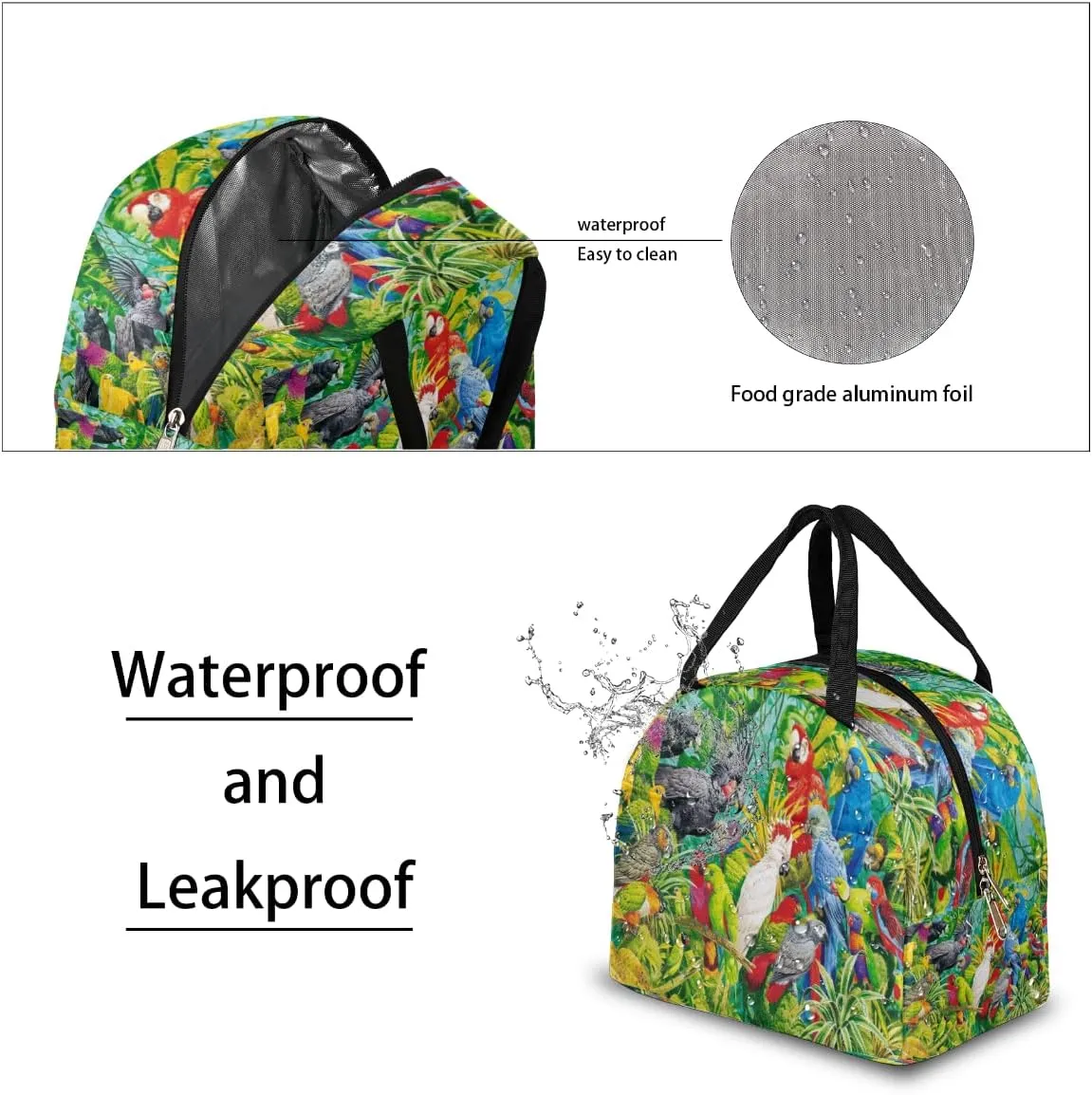 Insulated Lunch Bag for Women Men Colorful Parrot Paint Waterproof Thermal Tote Bag Reusable Lunch Box Container Lunch Holder Leakproof Lunch Cooler Bag Picnic Travel Work