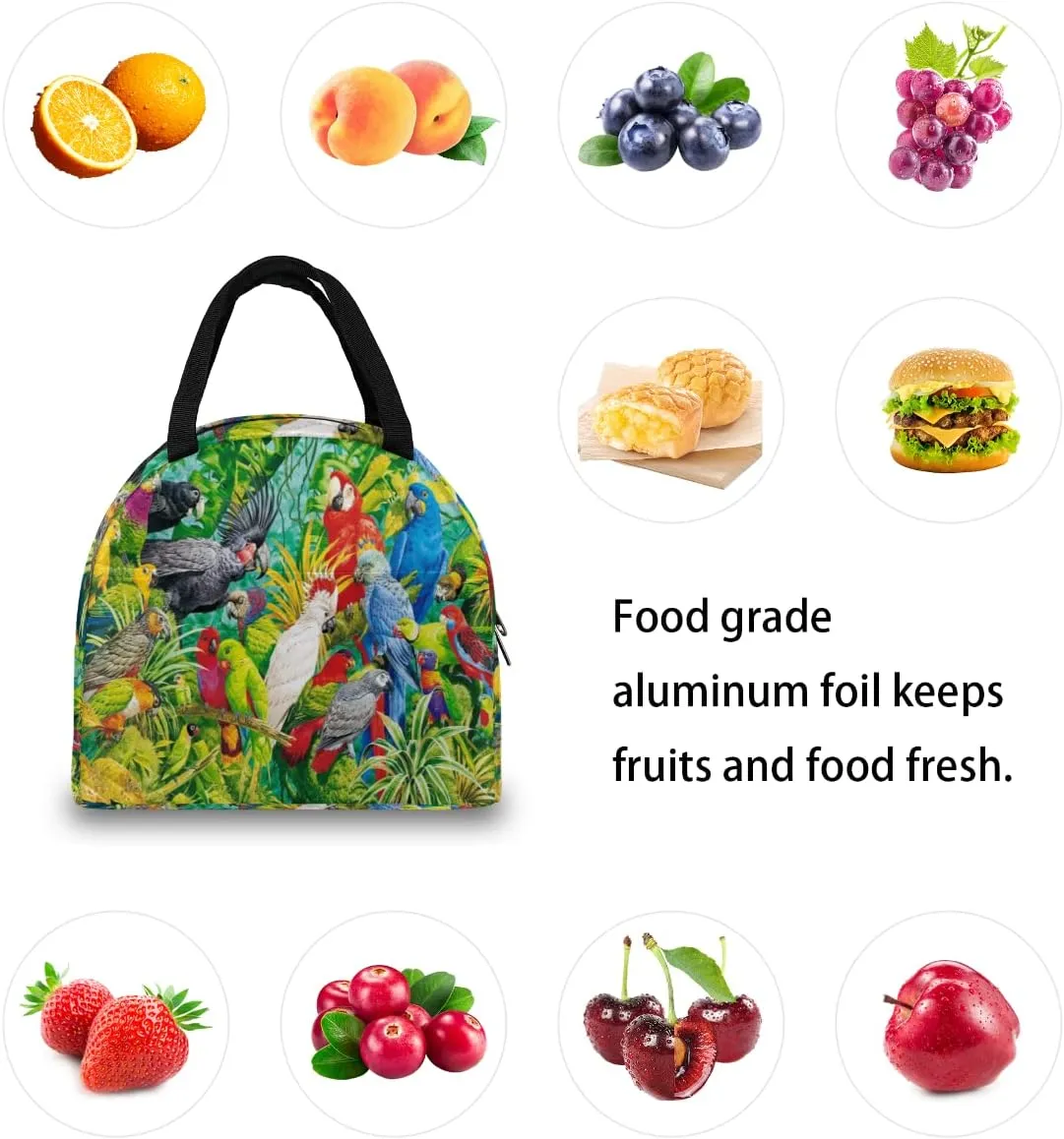 Insulated Lunch Bag for Women Men Colorful Parrot Paint Waterproof Thermal Tote Bag Reusable Lunch Box Container Lunch Holder Leakproof Lunch Cooler Bag Picnic Travel Work