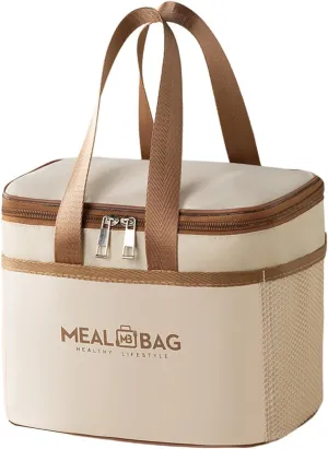 Insulated Lunch Bag with Side Pockets, Reusable Leakproof Cooler Bags for Adult Men Women, Waterproof High Capacity Lunch Tote Bags for Work, Travel, Outdoor, (Biege)