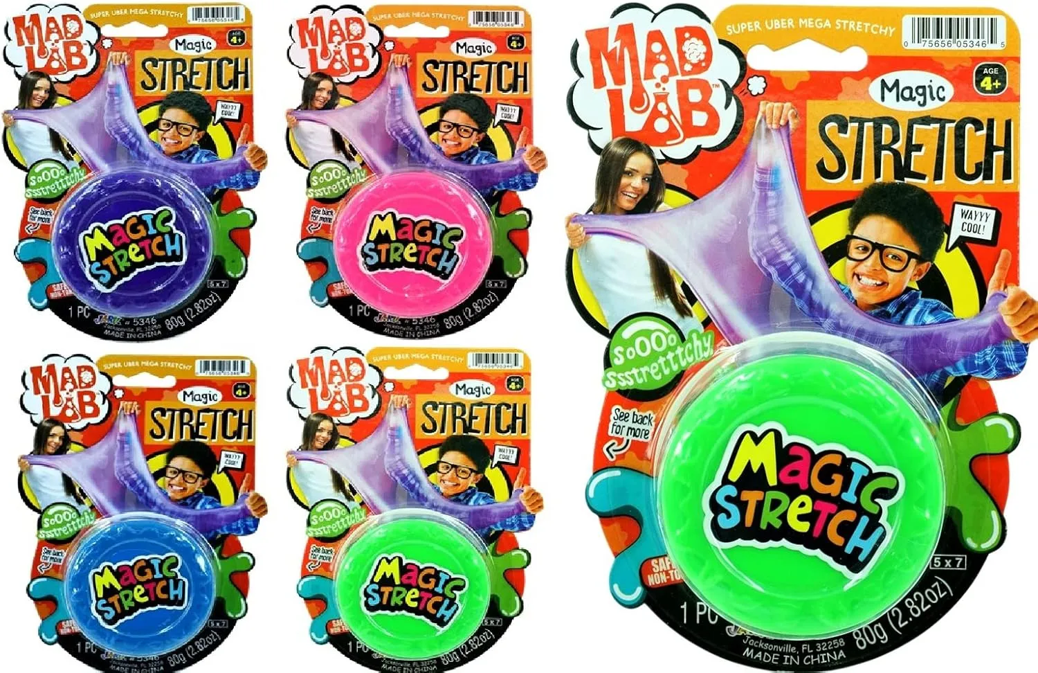JA-RU Super Stretchy Slime for Kids w/Containers (4 Slime Pack) Neon Colored Non Sticky Slime. Kids Goodie Bag Stuffers, Birthday Party Favors, & Classroom Prizes. 5346-4p