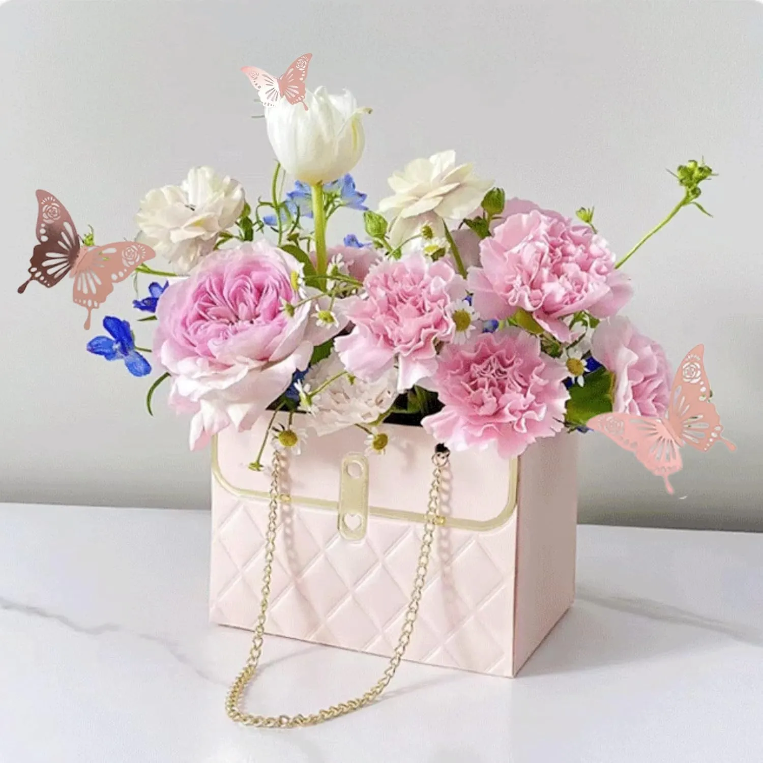 JHXTZ 10 Pack Flower Paper Gift Bags with 12pcs Rose Gold 3D Butterfly Decoration, Portable Floral Handbag Box with Metal Chain, Florist Carrier for Valentine's Day Birthday Gifts (Pink)