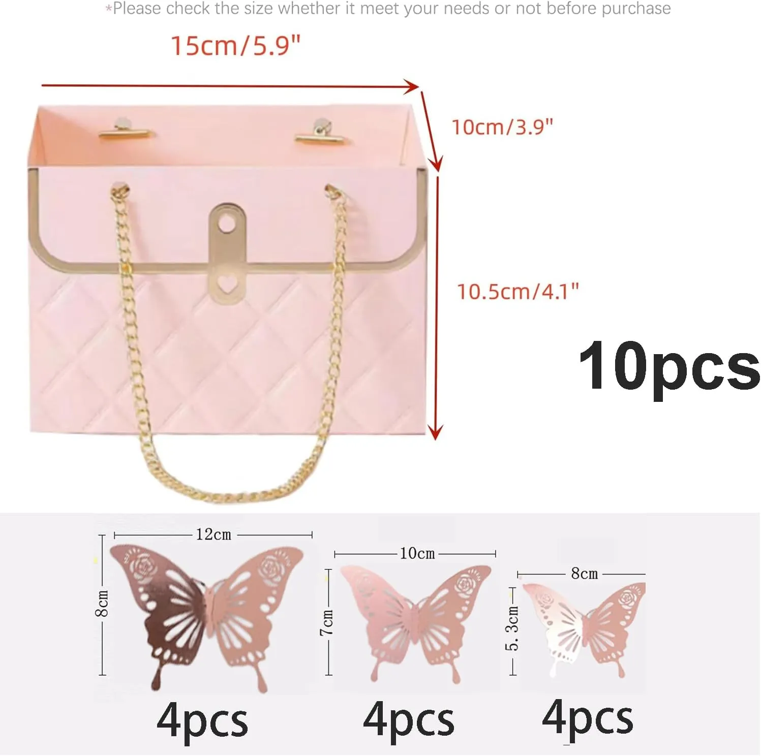JHXTZ 10 Pack Flower Paper Gift Bags with 12pcs Rose Gold 3D Butterfly Decoration, Portable Floral Handbag Box with Metal Chain, Florist Carrier for Valentine's Day Birthday Gifts (Pink)