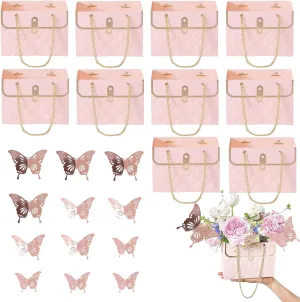 JHXTZ 10 Pack Flower Paper Gift Bags with 12pcs Rose Gold 3D Butterfly Decoration, Portable Floral Handbag Box with Metal Chain, Florist Carrier for Valentine's Day Birthday Gifts (Pink)