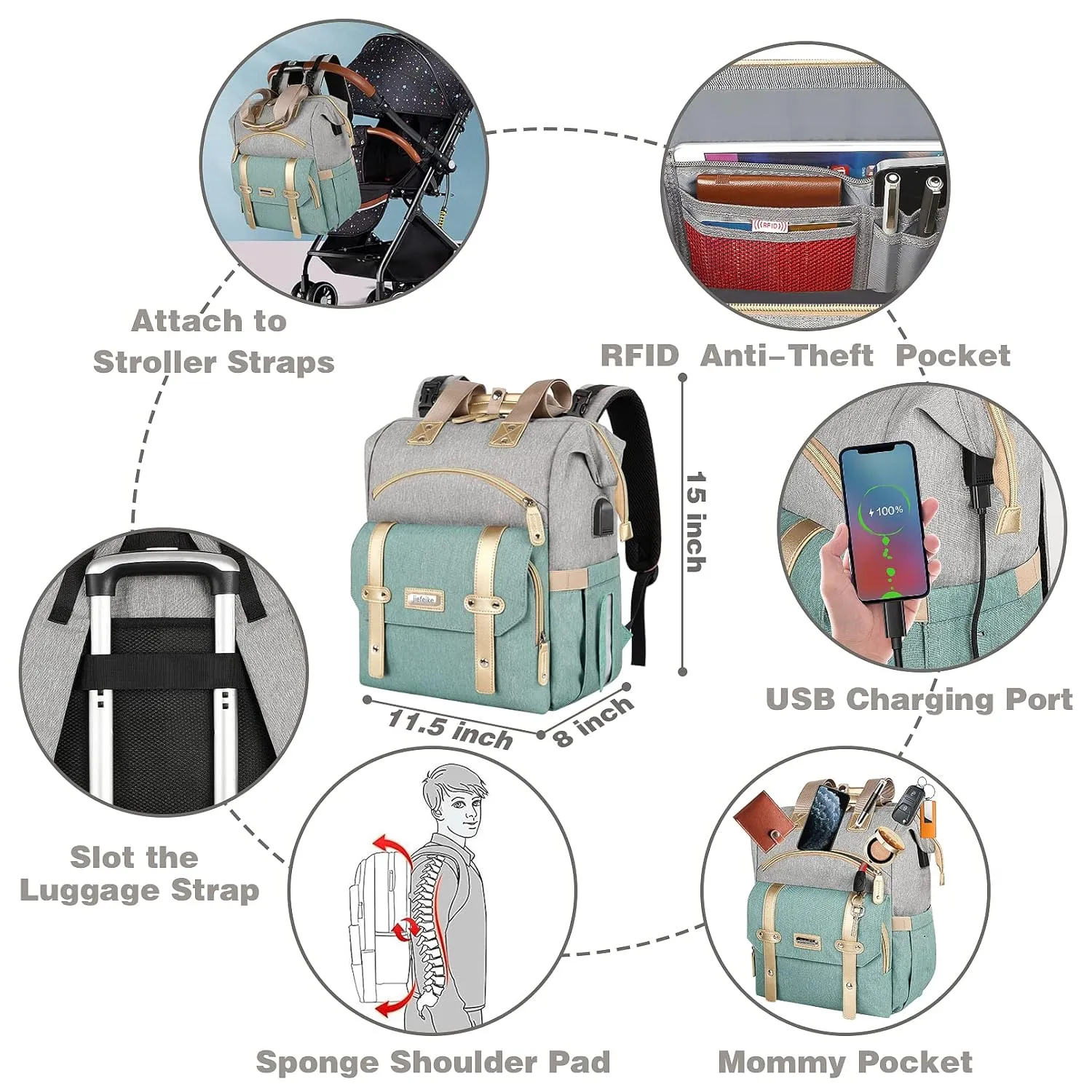 Jiefeike Diaper Bag Backpack,Dad Mom Travel Backpack Diaper Bag for Baby Boys Girls,Insulated Pockets Portable Baby Nappy Bags with USB Charging Port,RFID Anti-Theft Water-Resistant Pocket Stroller