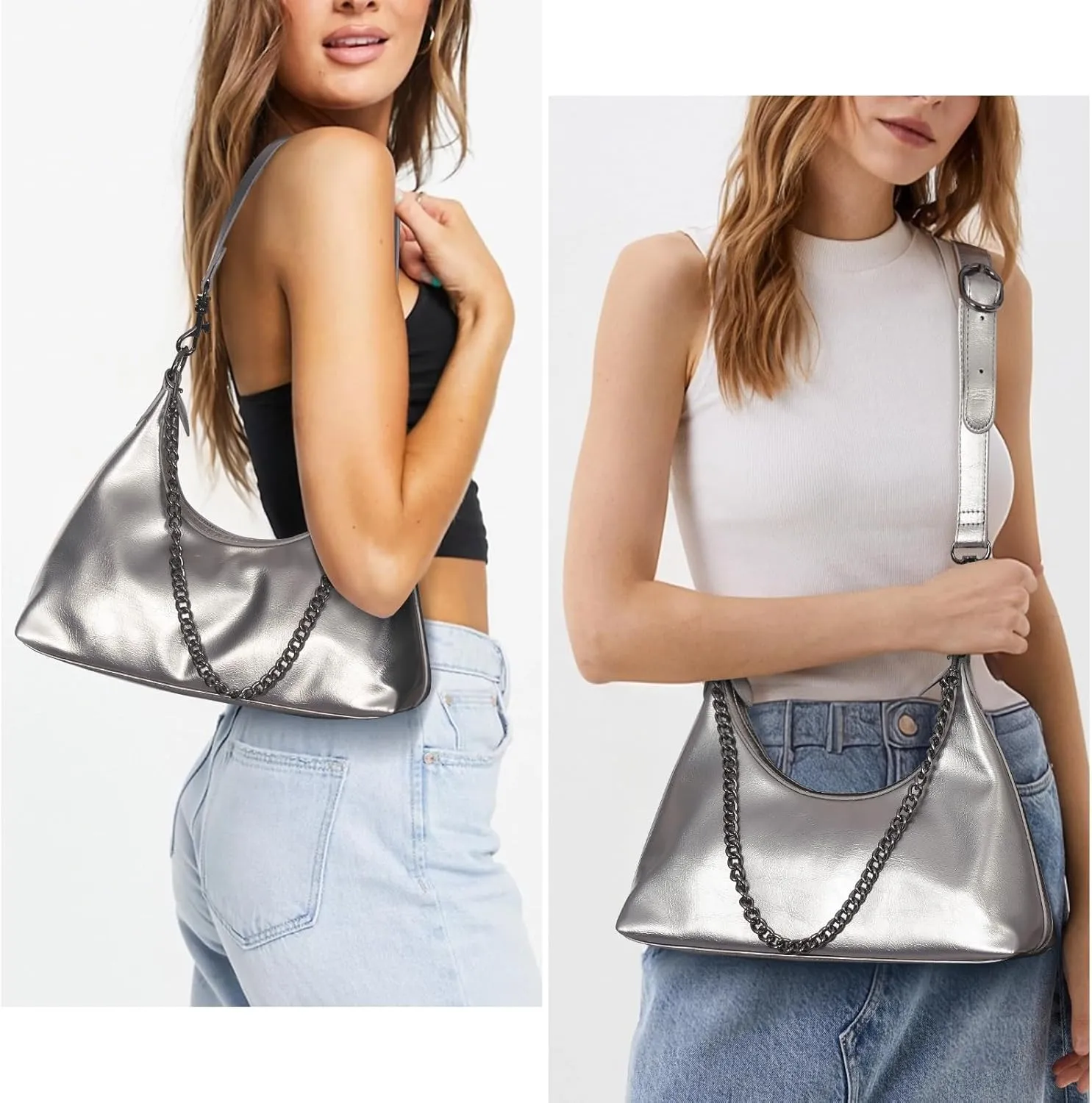 JQWSVE Crescent Shoulder Bags for Women Glossy Leather Hobo Handbag Trendy Crossbody Bag with Adjustable Strap