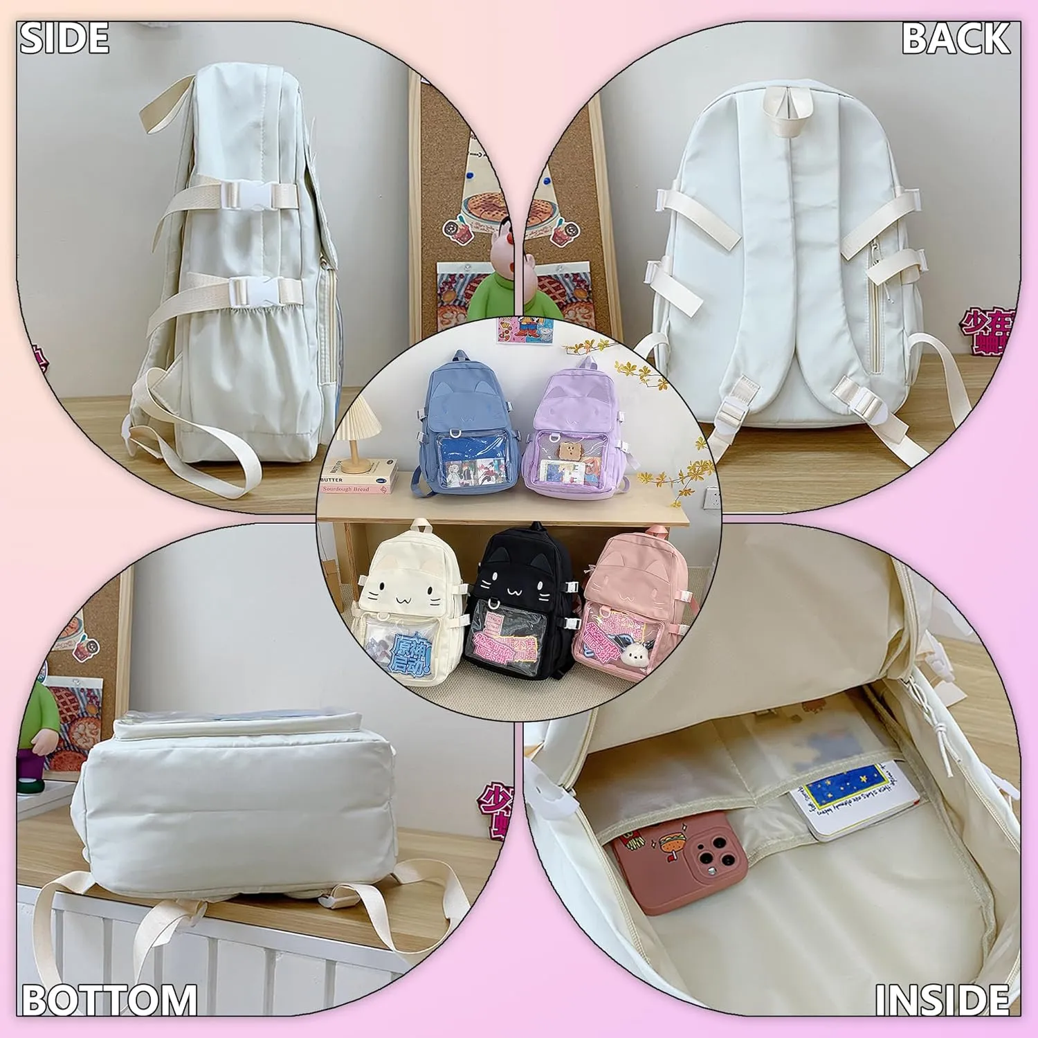 Kawaii Ita Bag with Anime Display Insert & Pin Japanese-Style Cat Emo Casual Daypack For Cosplay Travel Hiking and Daily Use (Blue)