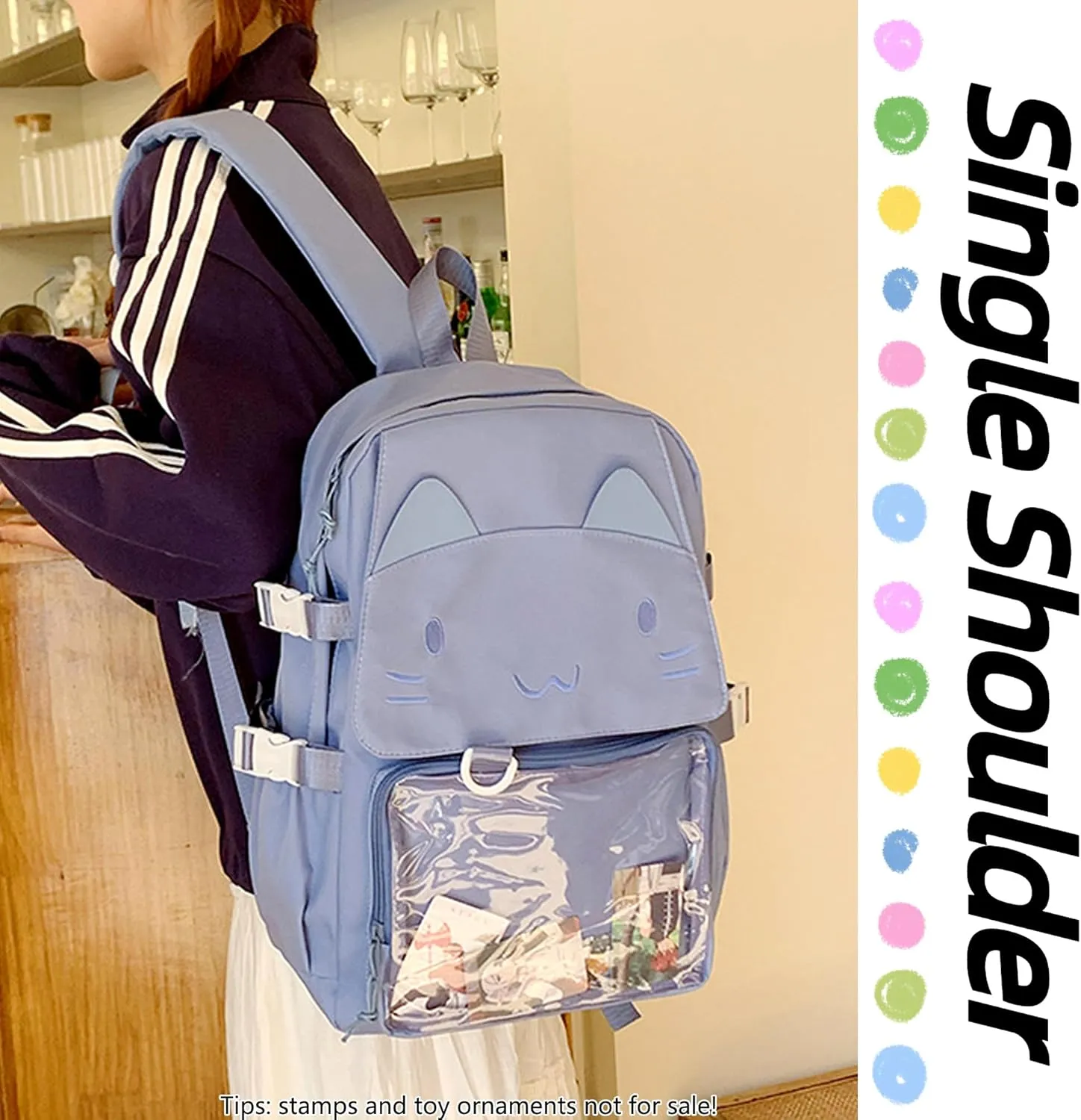 Kawaii Ita Bag with Anime Display Insert & Pin Japanese-Style Cat Emo Casual Daypack For Cosplay Travel Hiking and Daily Use (Blue)