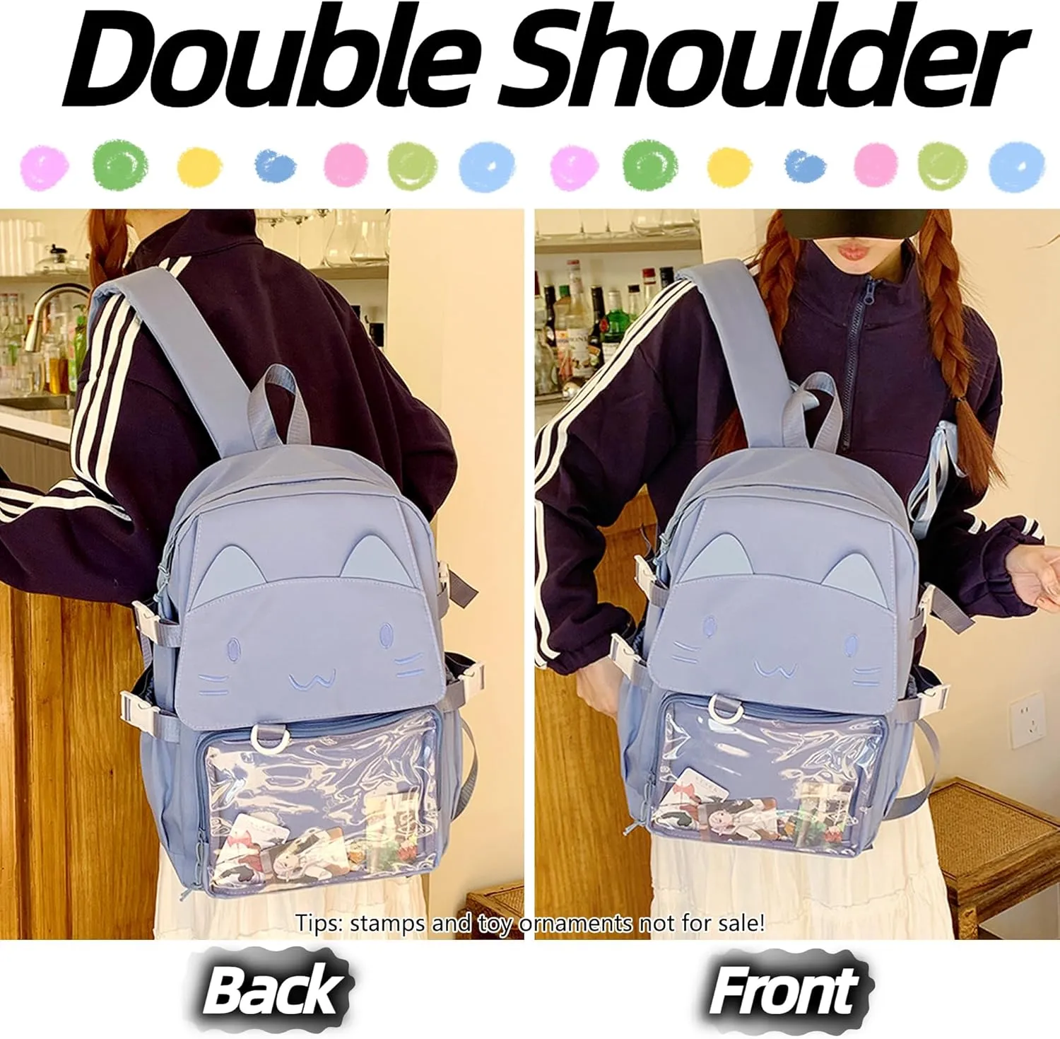 Kawaii Ita Bag with Anime Display Insert & Pin Japanese-Style Cat Emo Casual Daypack For Cosplay Travel Hiking and Daily Use (Blue)