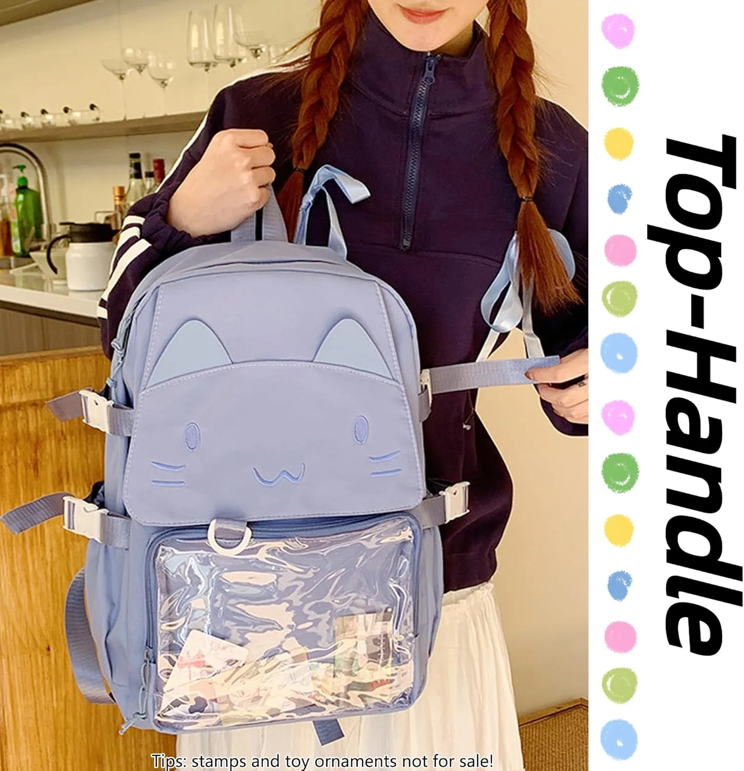 Kawaii Ita Bag with Anime Display Insert & Pin Japanese-Style Cat Emo Casual Daypack For Cosplay Travel Hiking and Daily Use (Blue)