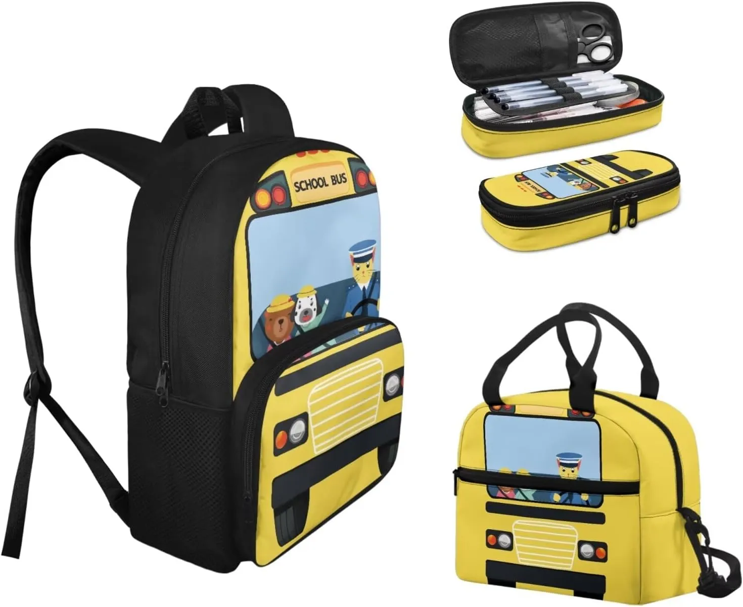 Kids School Backpack 3Pcs Set Casual Insulated Lunch Tote Bag and Large Capacity Pencil Bag Knapsack for Teens Boys Girls, School Bus