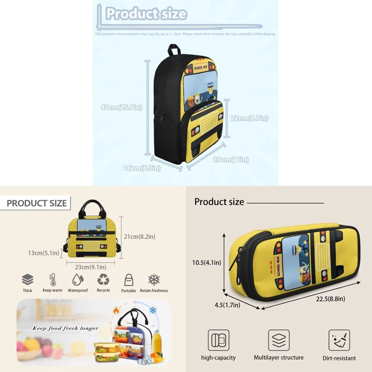 Kids School Backpack 3Pcs Set Casual Insulated Lunch Tote Bag and Large Capacity Pencil Bag Knapsack for Teens Boys Girls, School Bus