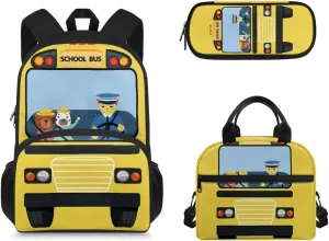 Kids School Backpack 3Pcs Set Casual Insulated Lunch Tote Bag and Large Capacity Pencil Bag Knapsack for Teens Boys Girls, School Bus