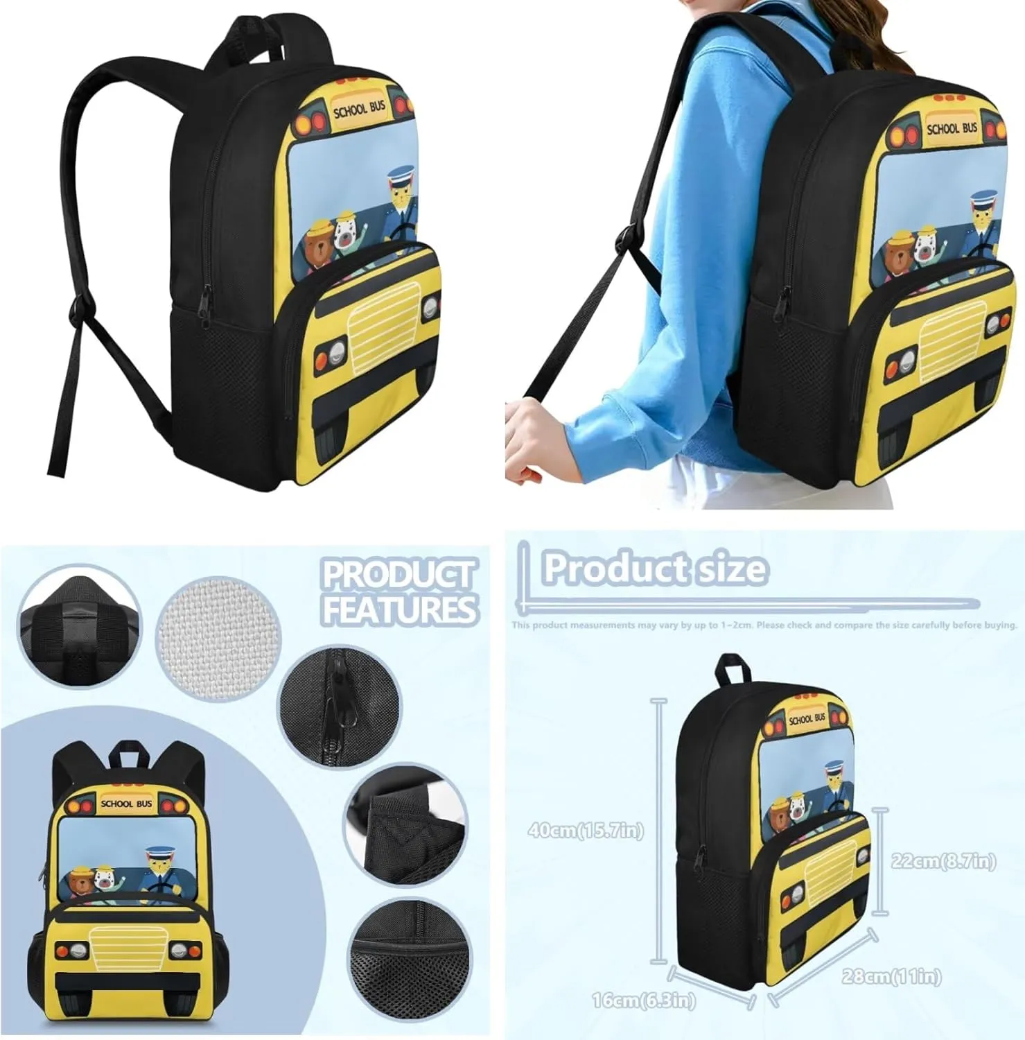 Kids School Backpack 3Pcs Set Casual Insulated Lunch Tote Bag and Large Capacity Pencil Bag Knapsack for Teens Boys Girls, School Bus