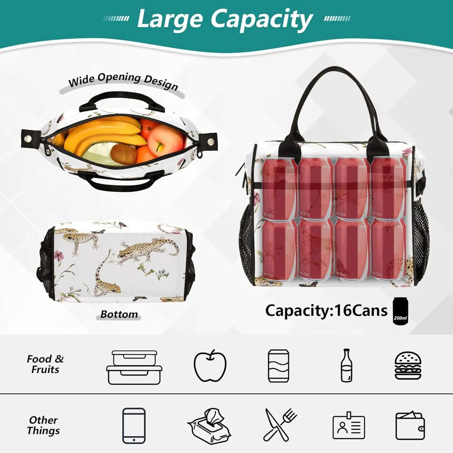 KLL Lunch Bag Insulated Crossbody Lunch Bunch Bag with Shoulder Strap Lunch Bags for Teen Adult Office S Aesthetic Leopard Gecko Reptile