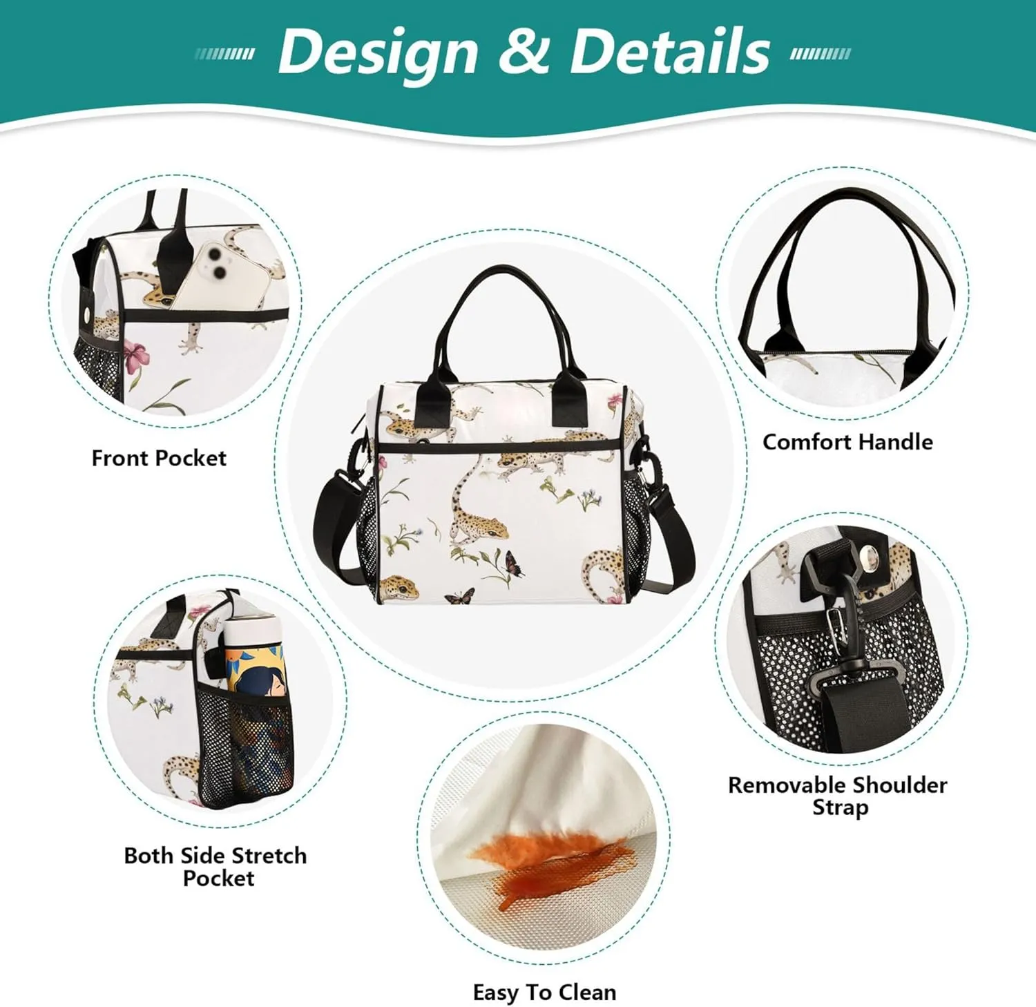 KLL Lunch Bag Insulated Crossbody Lunch Bunch Bag with Shoulder Strap Lunch Bags for Teen Adult Office S Aesthetic Leopard Gecko Reptile