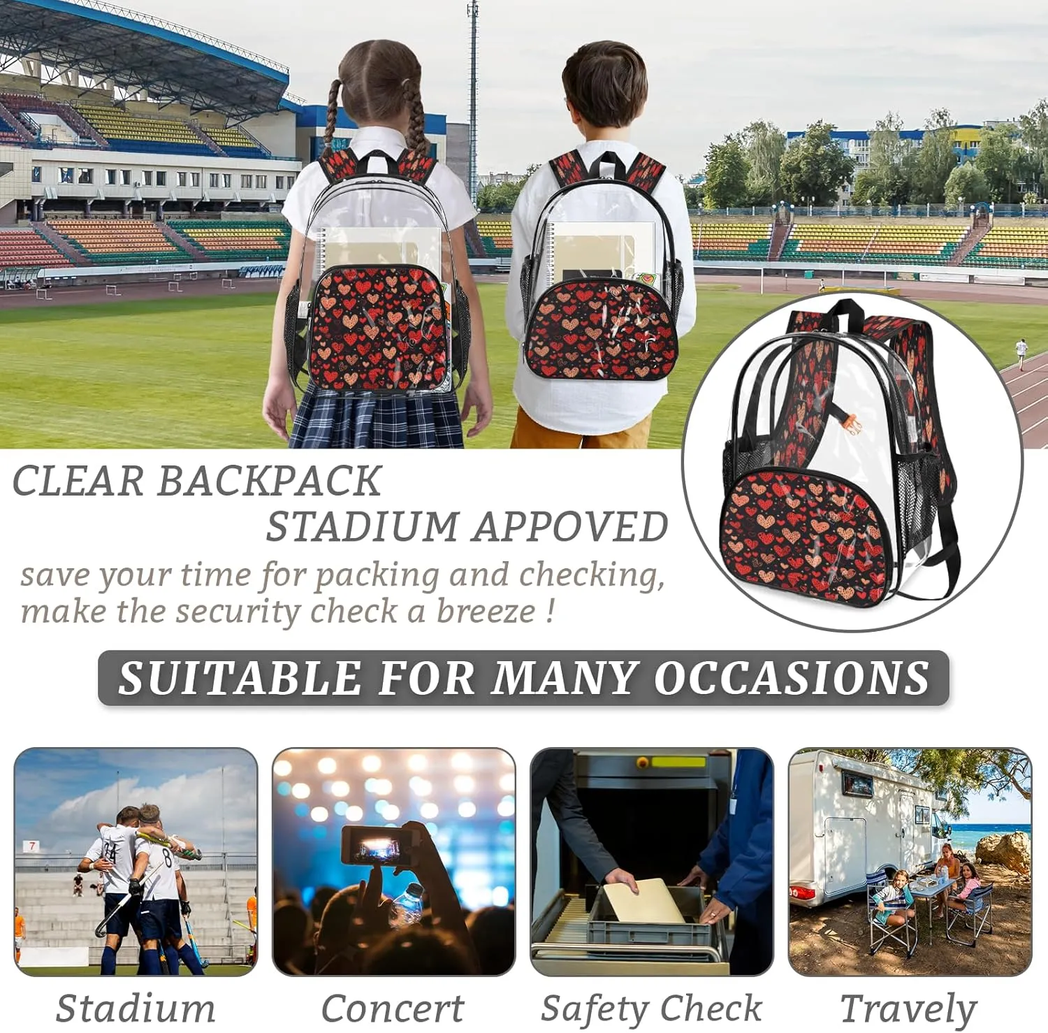 KOBLEN Black Hearts Array 17.1 Inch Clear Backpack, Heavy Duty Transparent PVC Daypack with Adjustable Padded Straps, Large Capacity Clear Bag for Festival, Concerts, Travel