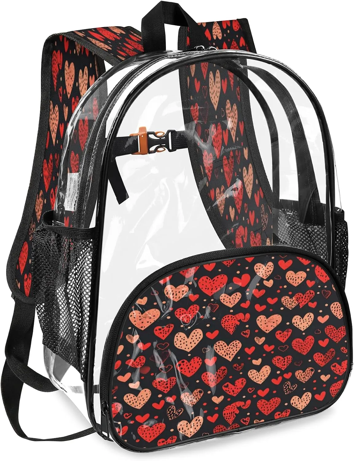 KOBLEN Black Hearts Array 17.1 Inch Clear Backpack, Heavy Duty Transparent PVC Daypack with Adjustable Padded Straps, Large Capacity Clear Bag for Festival, Concerts, Travel