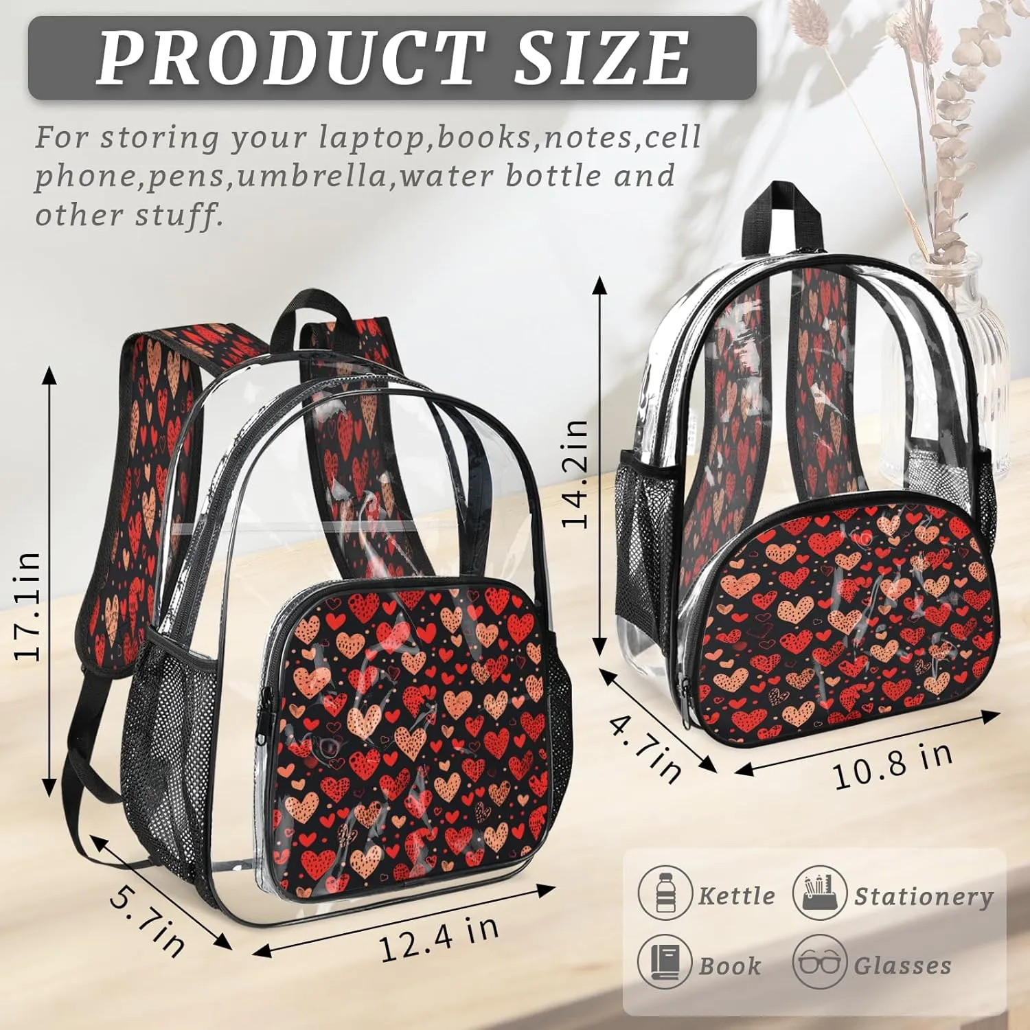 KOBLEN Black Hearts Array 17.1 Inch Clear Backpack, Heavy Duty Transparent PVC Daypack with Adjustable Padded Straps, Large Capacity Clear Bag for Festival, Concerts, Travel