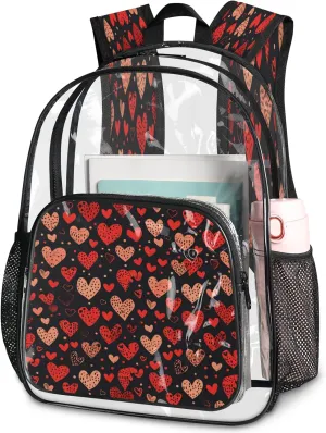 KOBLEN Black Hearts Array 17.1 Inch Clear Backpack, Heavy Duty Transparent PVC Daypack with Adjustable Padded Straps, Large Capacity Clear Bag for Festival, Concerts, Travel