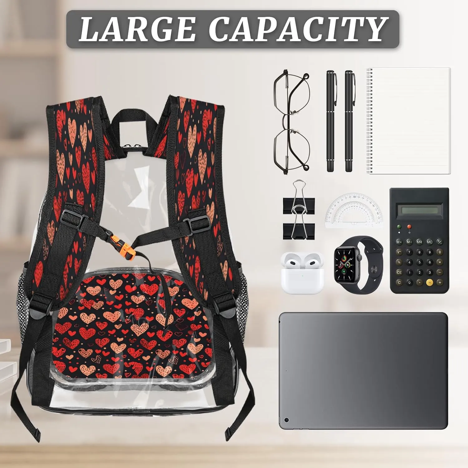 KOBLEN Black Hearts Array 17.1 Inch Clear Backpack, Heavy Duty Transparent PVC Daypack with Adjustable Padded Straps, Large Capacity Clear Bag for Festival, Concerts, Travel