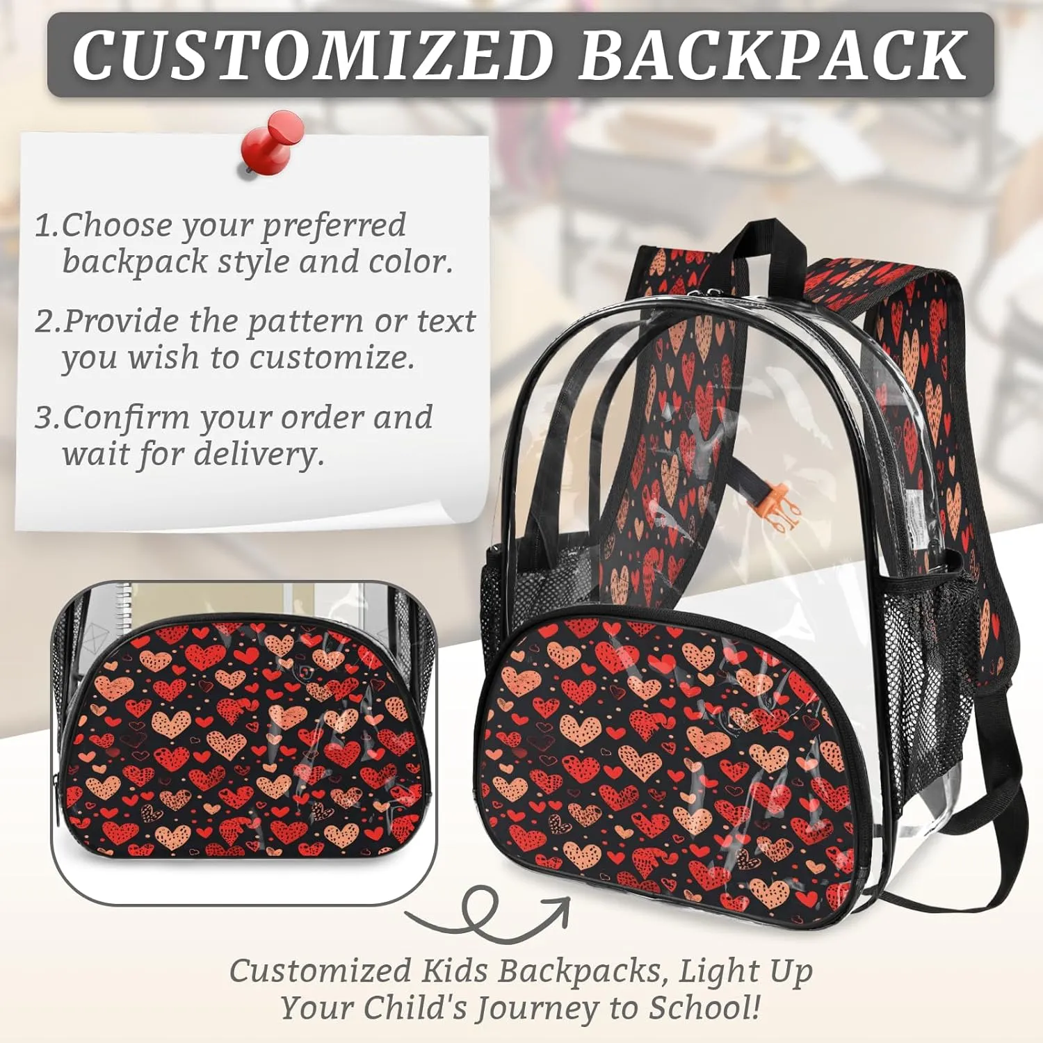 KOBLEN Black Hearts Array 17.1 Inch Clear Backpack, Heavy Duty Transparent PVC Daypack with Adjustable Padded Straps, Large Capacity Clear Bag for Festival, Concerts, Travel