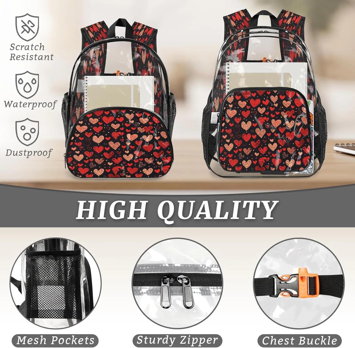 KOBLEN Black Hearts Array 17.1 Inch Clear Backpack, Heavy Duty Transparent PVC Daypack with Adjustable Padded Straps, Large Capacity Clear Bag for Festival, Concerts, Travel