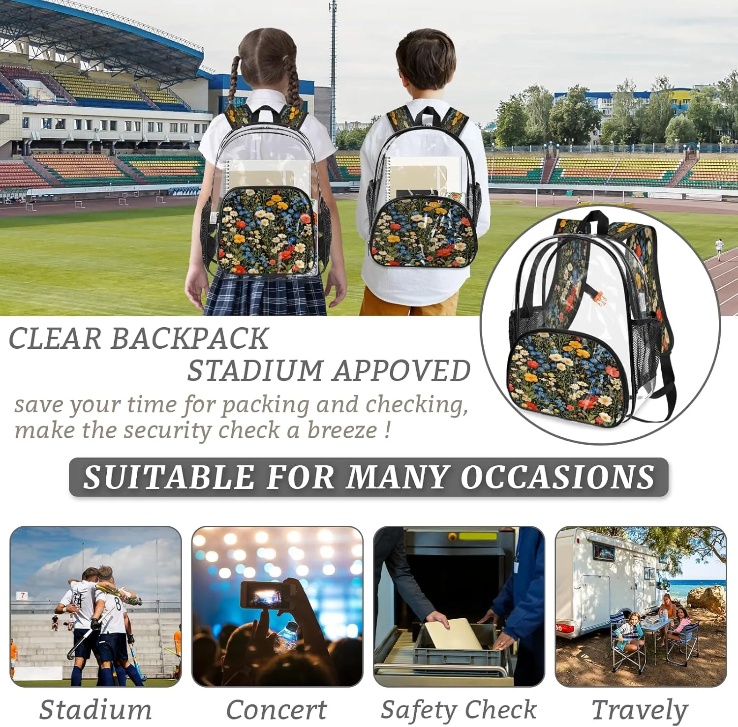 KOBLEN Black Multiflower Array 17.1 Inch Clear Backpack, Heavy Duty Transparent PVC Daypack with Adjustable Padded Straps, Large Capacity Clear Bag for Festival, Concerts, Travel