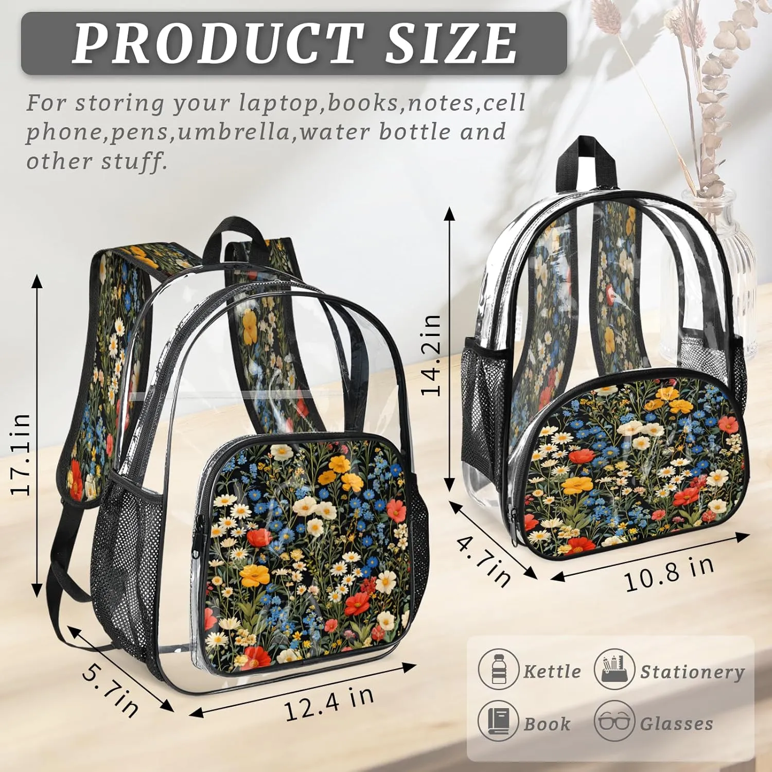 KOBLEN Black Multiflower Array 17.1 Inch Clear Backpack, Heavy Duty Transparent PVC Daypack with Adjustable Padded Straps, Large Capacity Clear Bag for Festival, Concerts, Travel