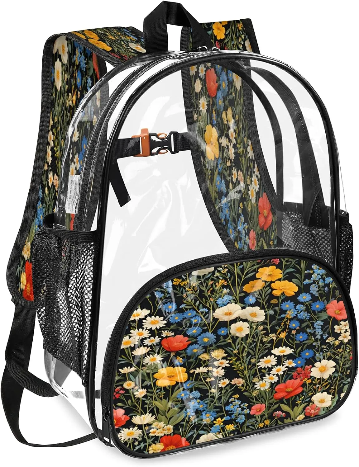 KOBLEN Black Multiflower Array 17.1 Inch Clear Backpack, Heavy Duty Transparent PVC Daypack with Adjustable Padded Straps, Large Capacity Clear Bag for Festival, Concerts, Travel