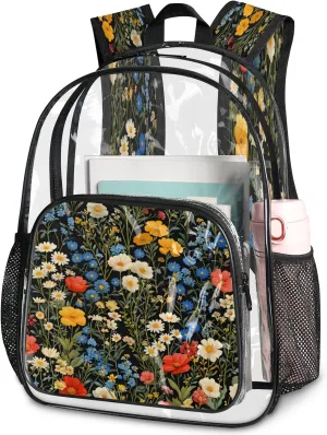 KOBLEN Black Multiflower Array 17.1 Inch Clear Backpack, Heavy Duty Transparent PVC Daypack with Adjustable Padded Straps, Large Capacity Clear Bag for Festival, Concerts, Travel