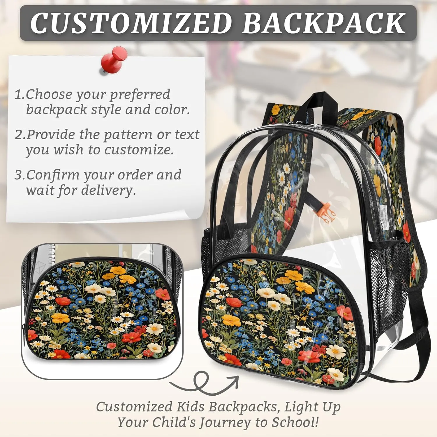 KOBLEN Black Multiflower Array 17.1 Inch Clear Backpack, Heavy Duty Transparent PVC Daypack with Adjustable Padded Straps, Large Capacity Clear Bag for Festival, Concerts, Travel