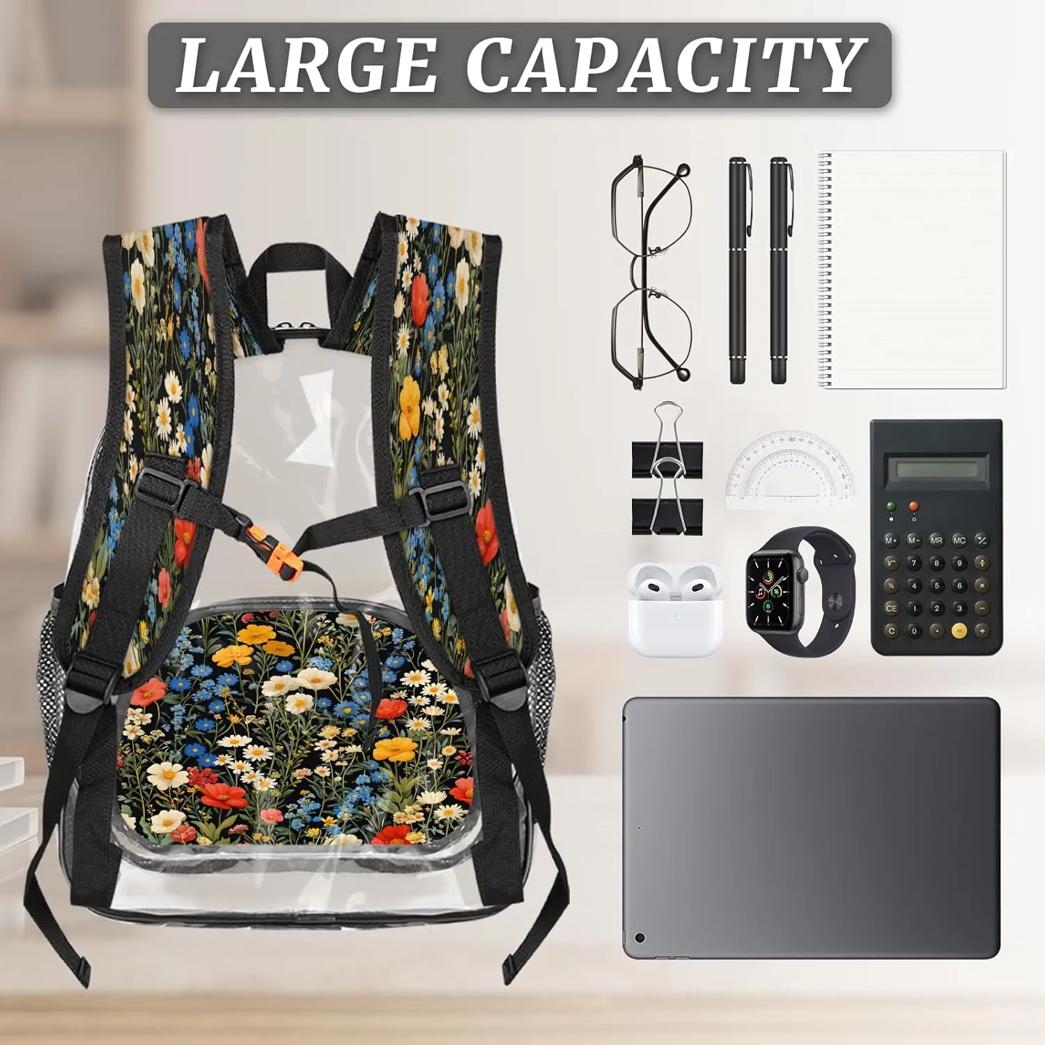 KOBLEN Black Multiflower Array 17.1 Inch Clear Backpack, Heavy Duty Transparent PVC Daypack with Adjustable Padded Straps, Large Capacity Clear Bag for Festival, Concerts, Travel