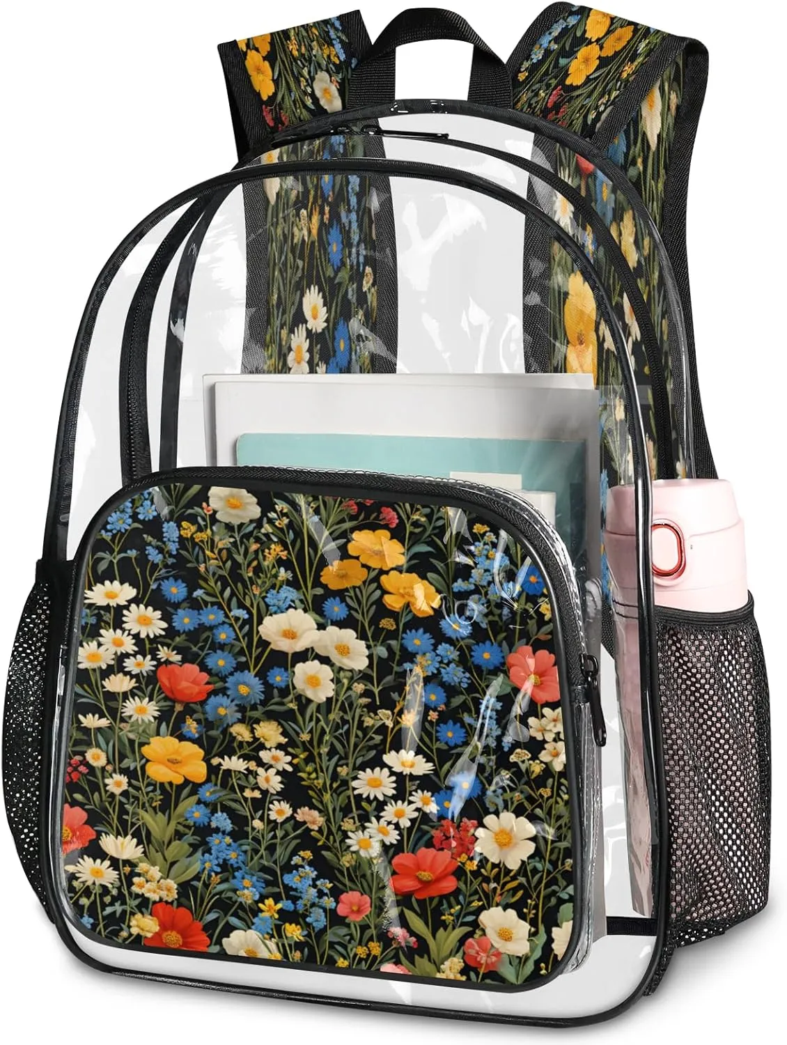 KOBLEN Black Multiflower Array 17.1 Inch Clear Backpack, Heavy Duty Transparent PVC Daypack with Adjustable Padded Straps, Large Capacity Clear Bag for Festival, Concerts, Travel
