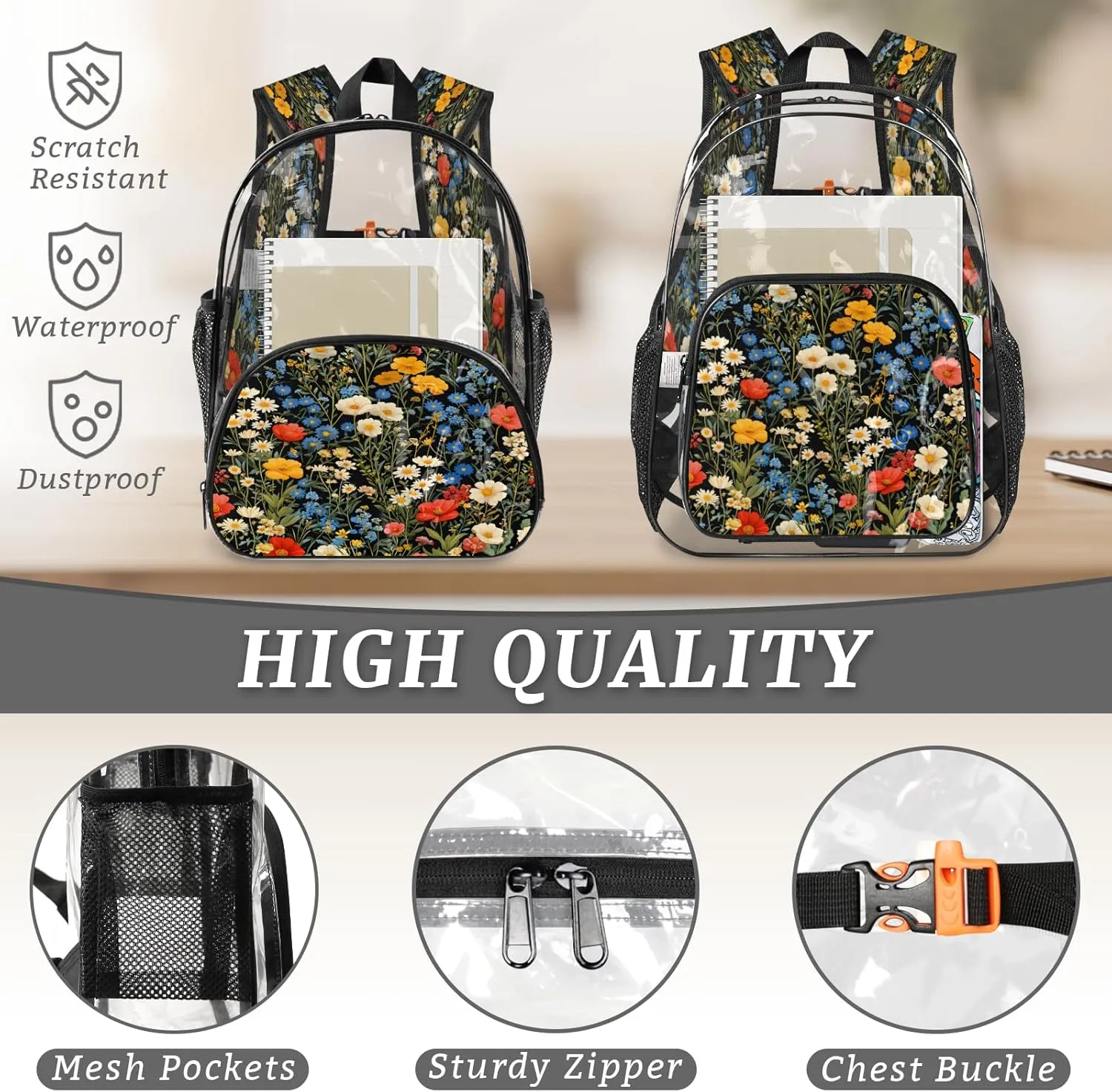 KOBLEN Black Multiflower Array 17.1 Inch Clear Backpack, Heavy Duty Transparent PVC Daypack with Adjustable Padded Straps, Large Capacity Clear Bag for Festival, Concerts, Travel