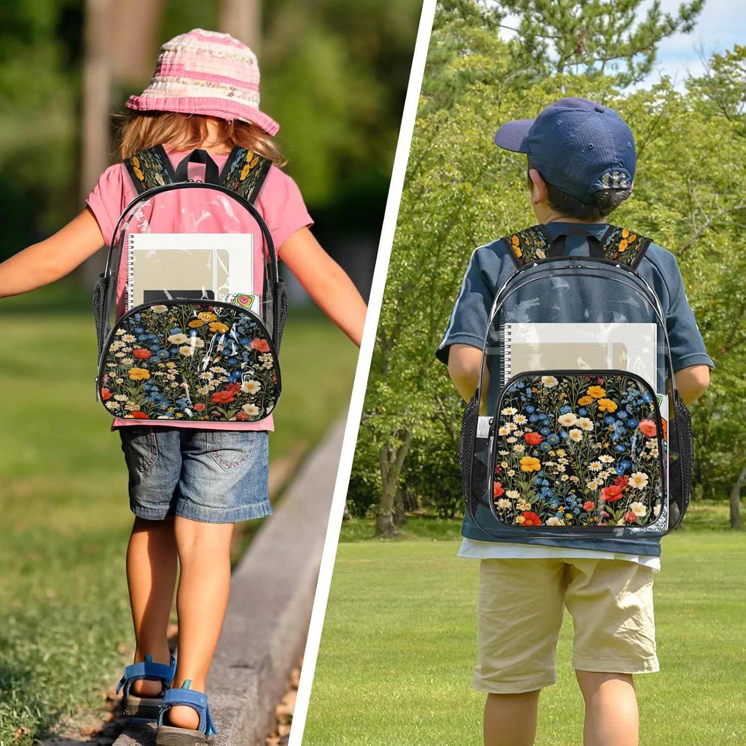 KOBLEN Black Multiflower Array 17.1 Inch Clear Backpack, Heavy Duty Transparent PVC Daypack with Adjustable Padded Straps, Large Capacity Clear Bag for Festival, Concerts, Travel