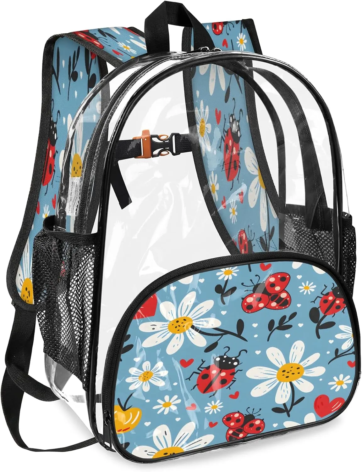 KOBLEN Blue Beetle Floral 17.1 Inch Clear Backpack, Heavy Duty Transparent PVC Daypack with Adjustable Padded Straps, Large Capacity Clear Bag for Festival, Concerts, Travel