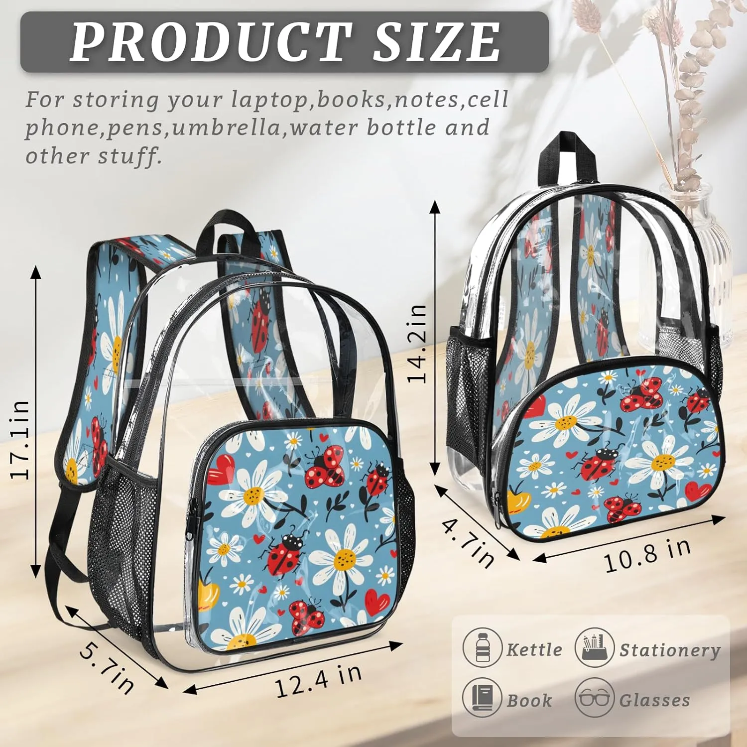 KOBLEN Blue Beetle Floral 17.1 Inch Clear Backpack, Heavy Duty Transparent PVC Daypack with Adjustable Padded Straps, Large Capacity Clear Bag for Festival, Concerts, Travel