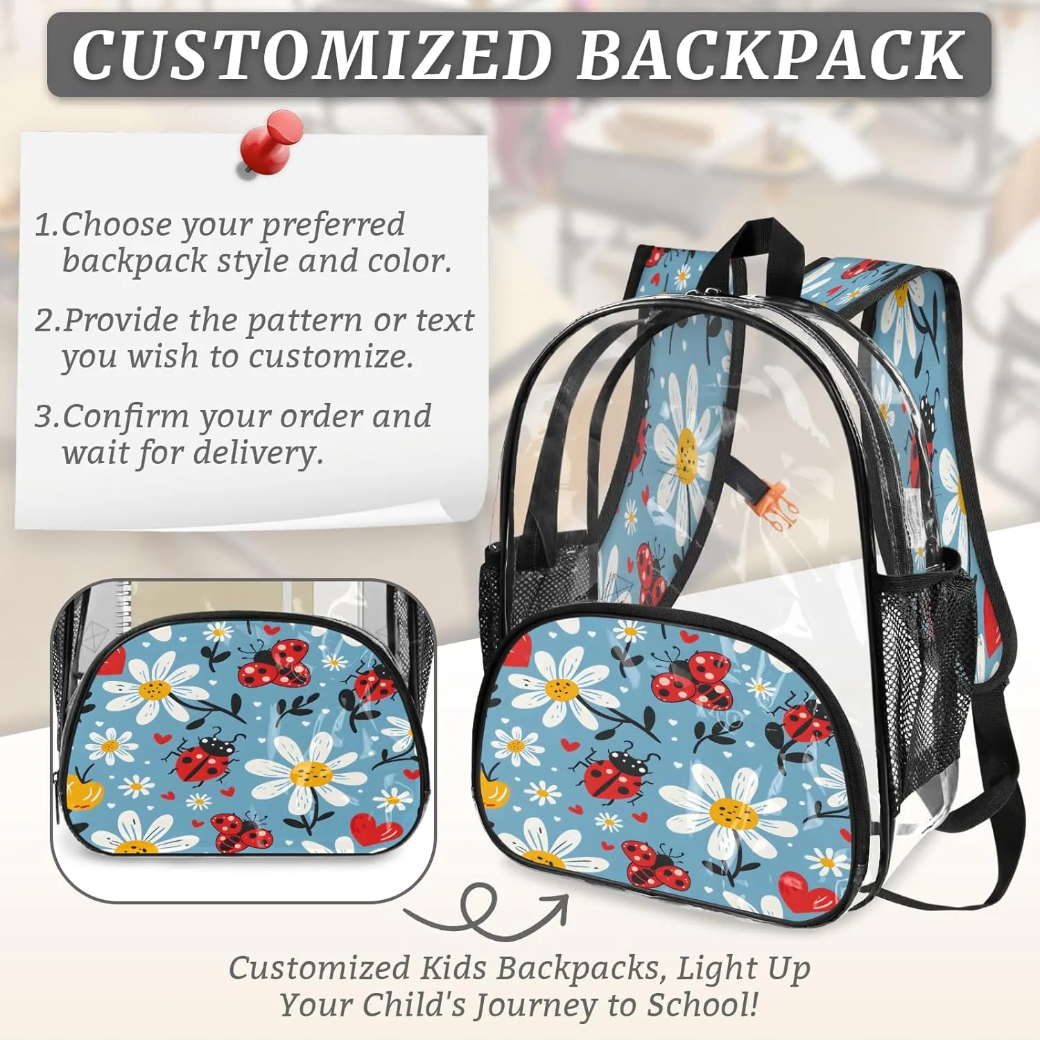 KOBLEN Blue Beetle Floral 17.1 Inch Clear Backpack, Heavy Duty Transparent PVC Daypack with Adjustable Padded Straps, Large Capacity Clear Bag for Festival, Concerts, Travel
