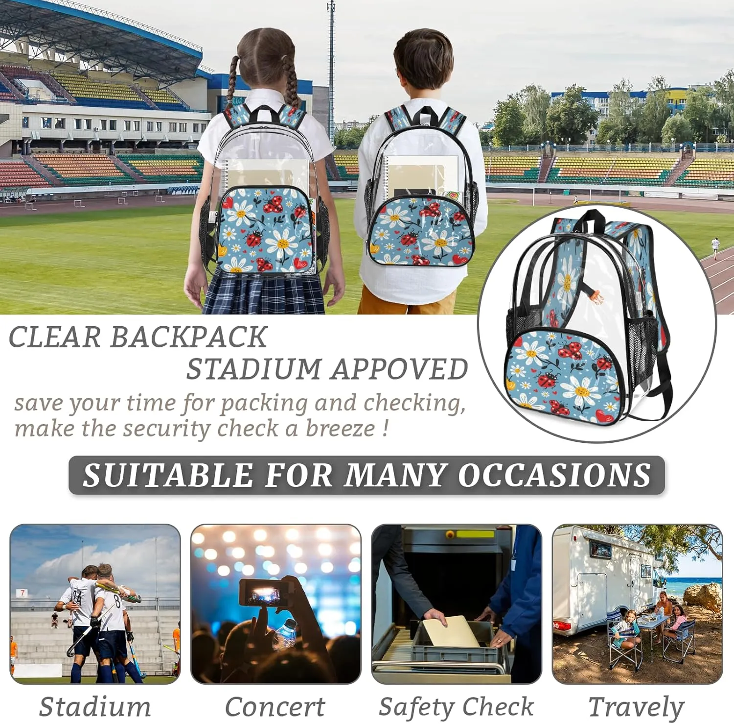 KOBLEN Blue Beetle Floral 17.1 Inch Clear Backpack, Heavy Duty Transparent PVC Daypack with Adjustable Padded Straps, Large Capacity Clear Bag for Festival, Concerts, Travel