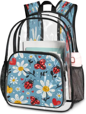 KOBLEN Blue Beetle Floral 17.1 Inch Clear Backpack, Heavy Duty Transparent PVC Daypack with Adjustable Padded Straps, Large Capacity Clear Bag for Festival, Concerts, Travel