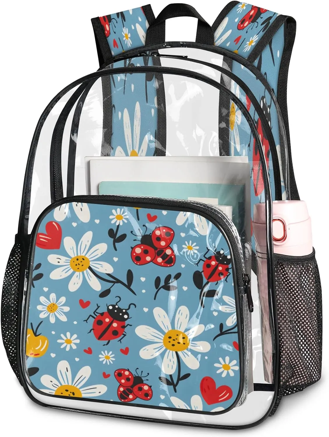 KOBLEN Blue Beetle Floral 17.1 Inch Clear Backpack, Heavy Duty Transparent PVC Daypack with Adjustable Padded Straps, Large Capacity Clear Bag for Festival, Concerts, Travel