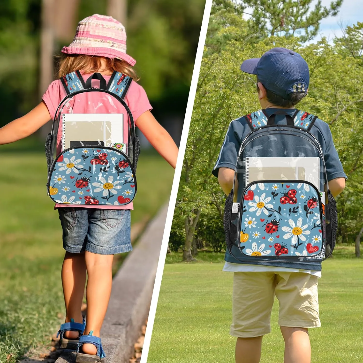 KOBLEN Blue Beetle Floral 17.1 Inch Clear Backpack, Heavy Duty Transparent PVC Daypack with Adjustable Padded Straps, Large Capacity Clear Bag for Festival, Concerts, Travel