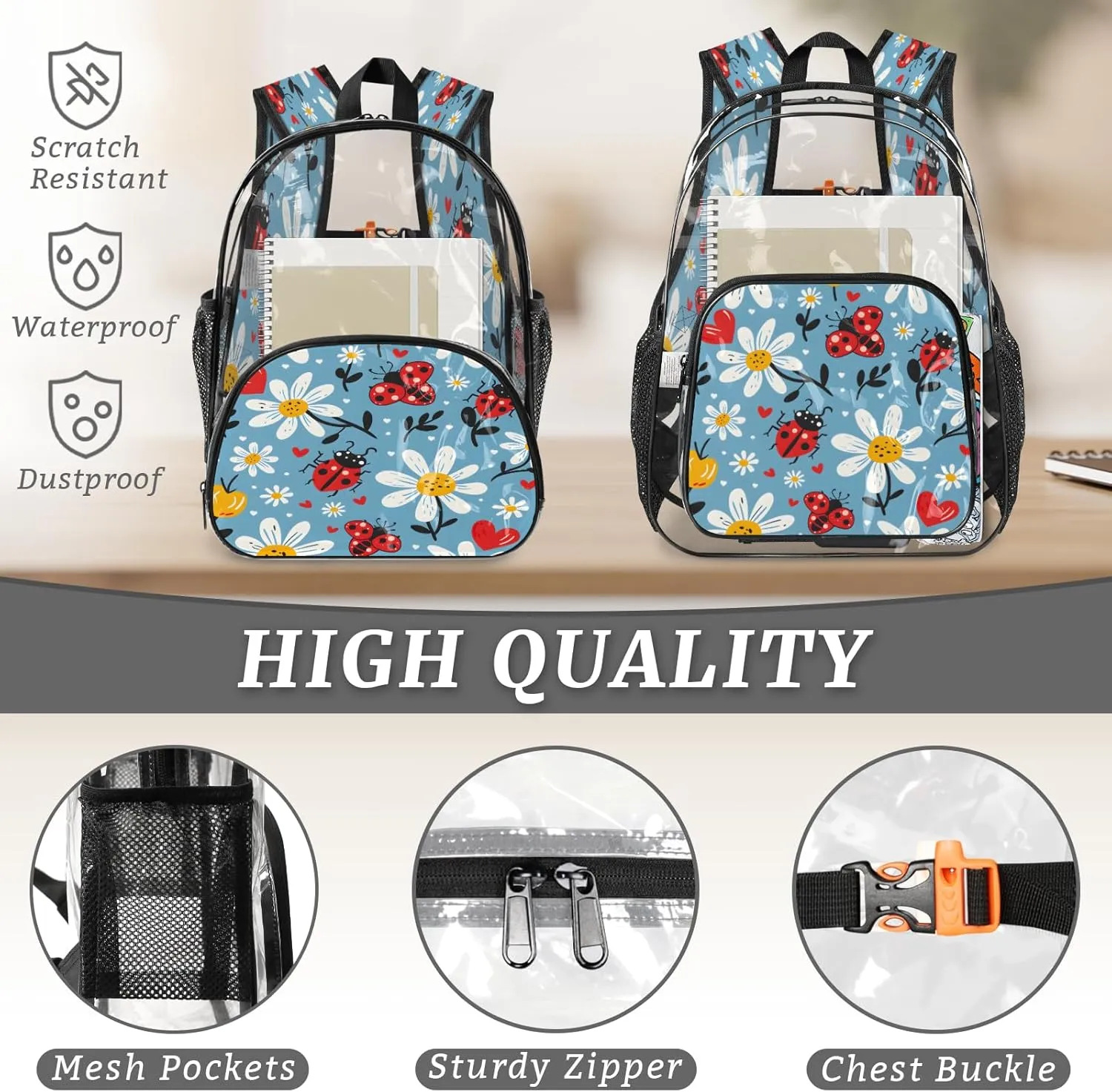 KOBLEN Blue Beetle Floral 17.1 Inch Clear Backpack, Heavy Duty Transparent PVC Daypack with Adjustable Padded Straps, Large Capacity Clear Bag for Festival, Concerts, Travel