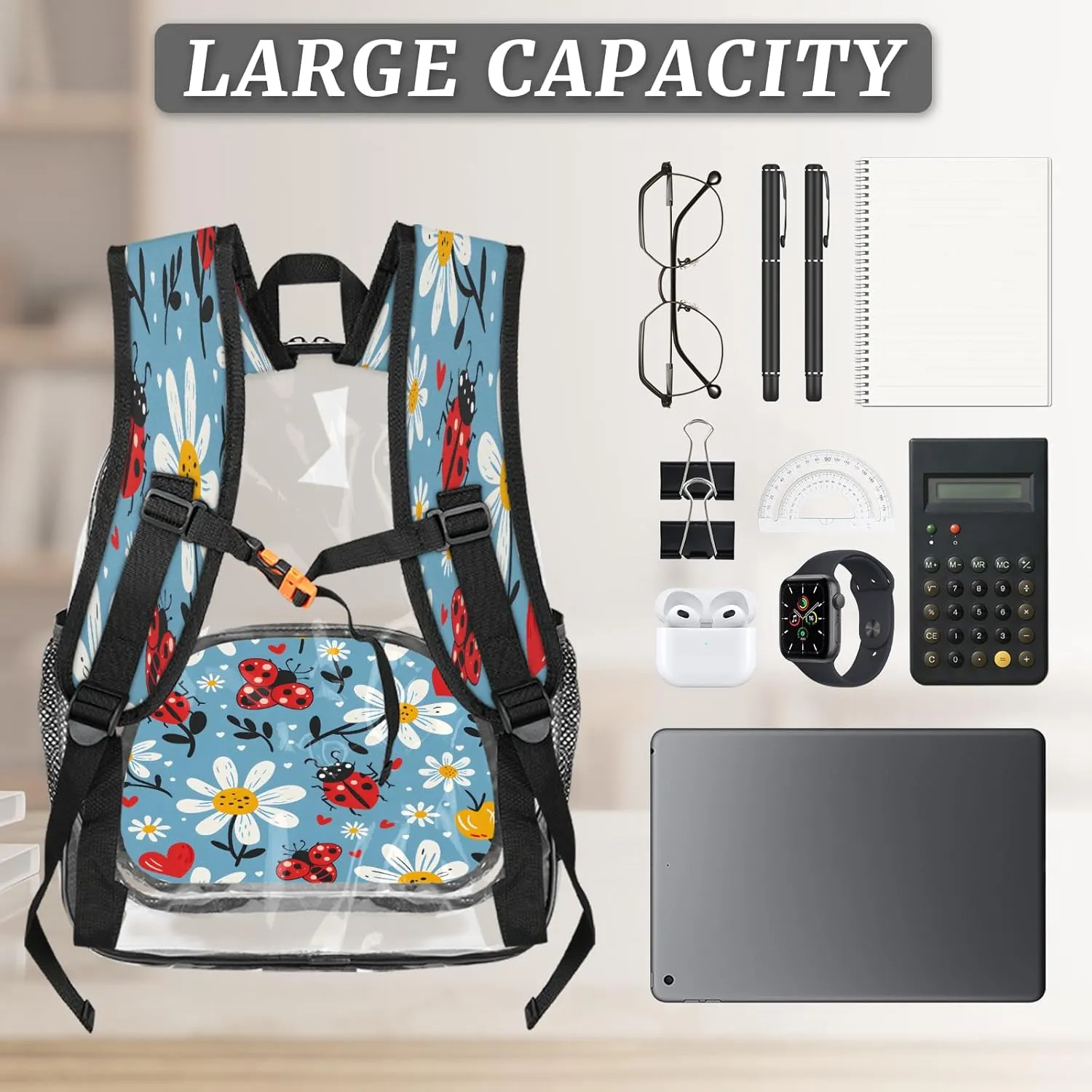 KOBLEN Blue Beetle Floral 17.1 Inch Clear Backpack, Heavy Duty Transparent PVC Daypack with Adjustable Padded Straps, Large Capacity Clear Bag for Festival, Concerts, Travel