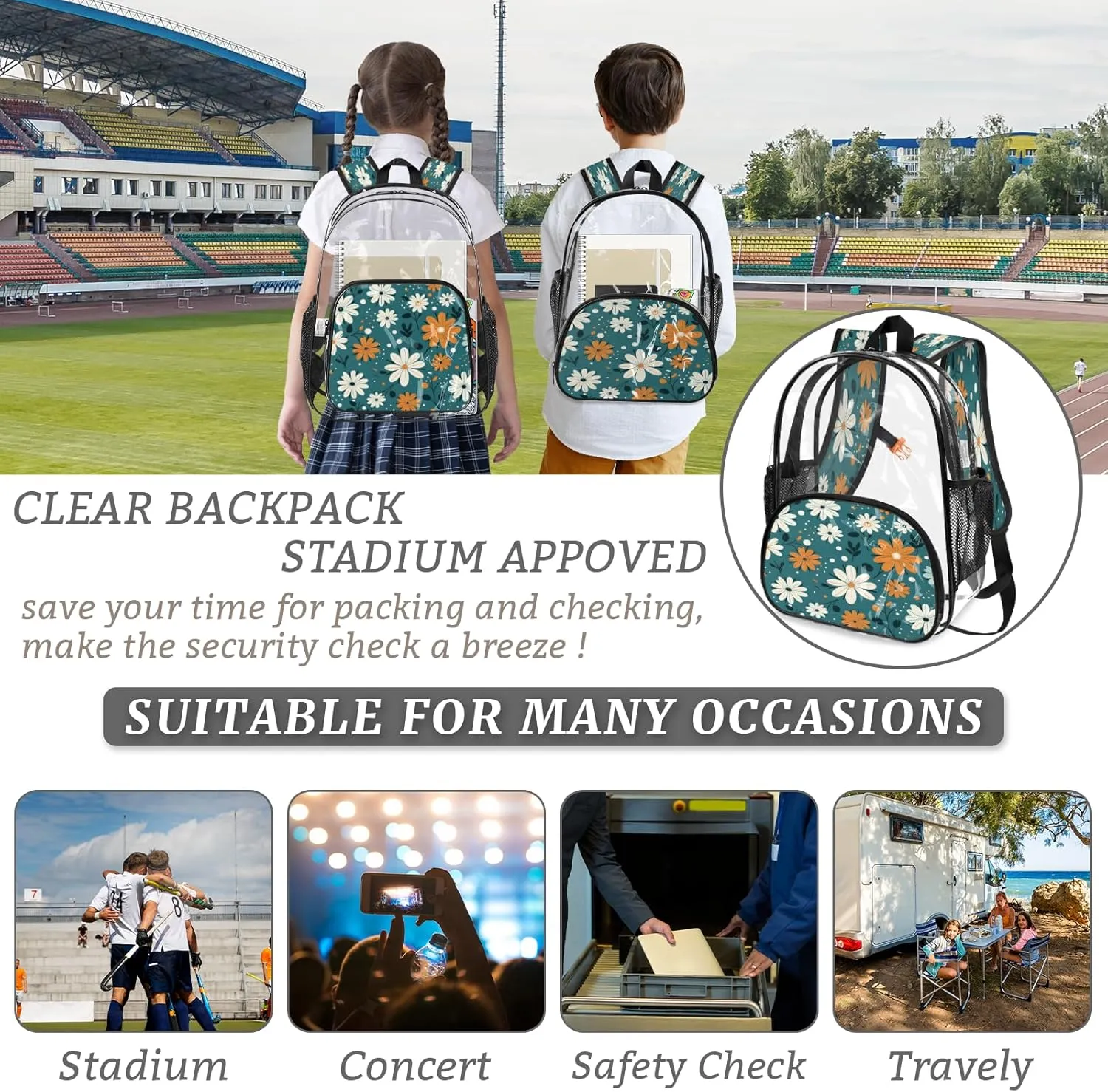 KOBLEN Blue Floral Mix 17.1 Inch Clear Backpack, Heavy Duty Transparent PVC Daypack with Adjustable Padded Straps, Large Capacity Clear Bag for Festival, Concerts, Travel